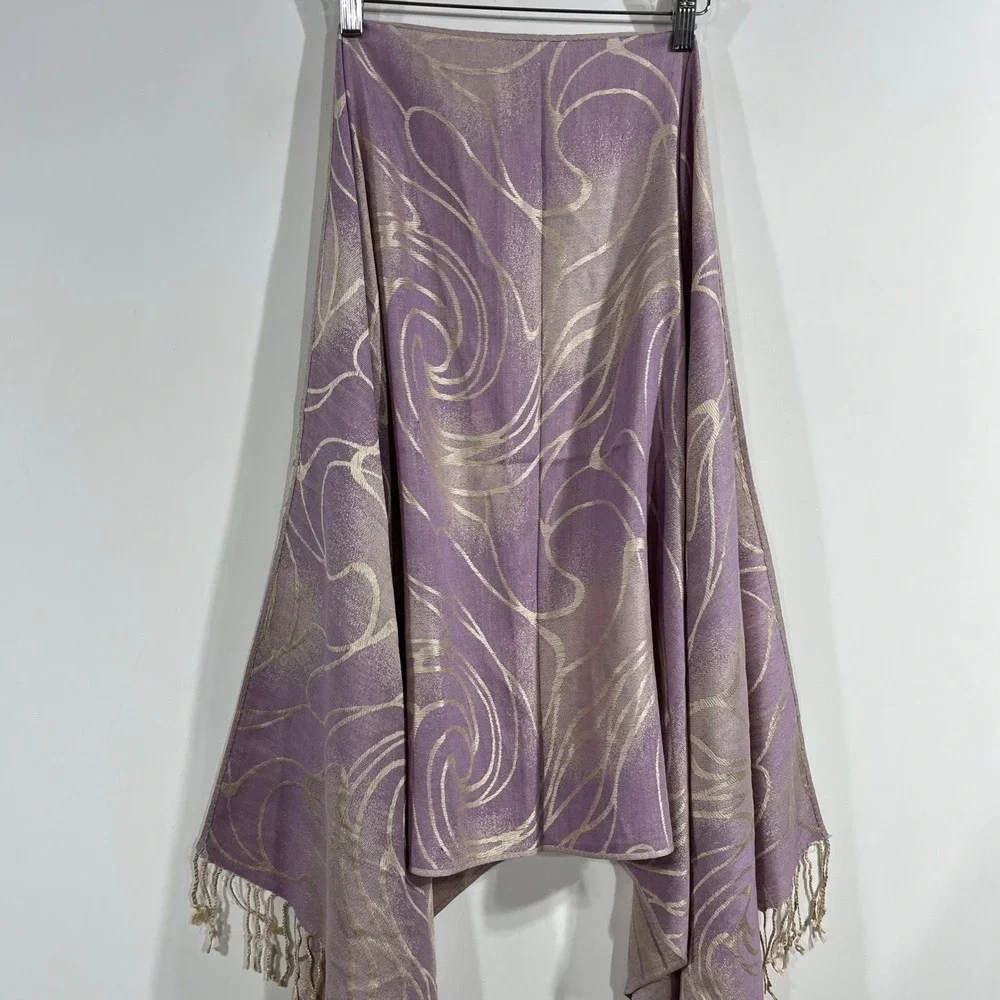 Womens Y2K 100% Cashmere Shawl Lavender Fairy Grunge Gold Jacquard Fringe Scarf